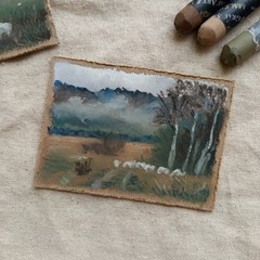ACEO Original Dark Countryside Sheep Landscape Moody Rustic Impressionist Art