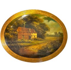 Vintage Hand Painted Wood Oval Wall Plaque Cottage Landscape Signed 18.5″× 14.5″