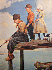 „Waiting for the Catch“ Repro Watercolor Painting 1950 Calendar KAROLY SZANTO