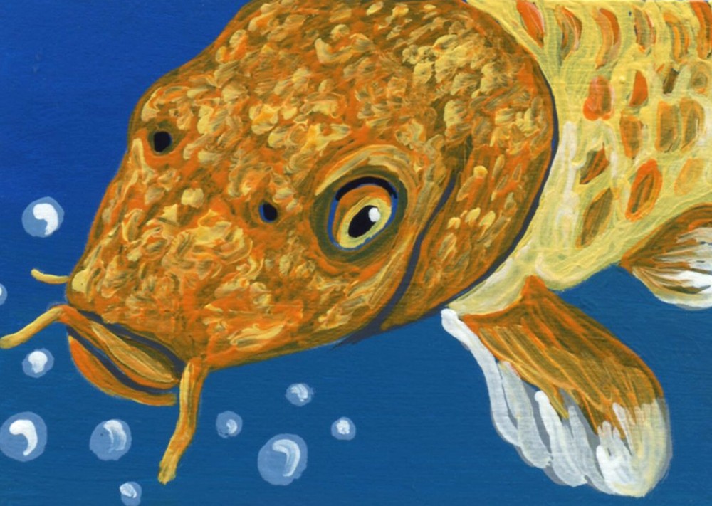 ACEO ATC Original Miniature Painting Orange Koi Goldfish Pond Art -C. Smale
