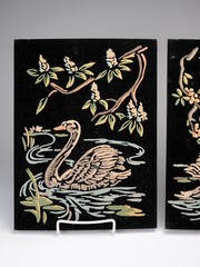 Pair of Unframed Vintage Paint By Number Velvet Board Painting Swans in Lake PBN