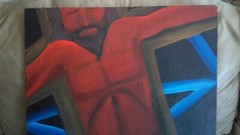Modern Vtg Religious Oil Painting/Canvas Jesus Christ Cross Blue Red Signed