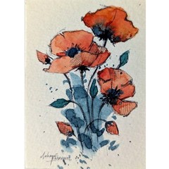 ACEO Original Watercolor Painting Red Poppies Floral Ink Wash Art OOAK