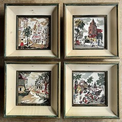 4pc Vintage Mid-Century Modern „Paris Street Scene“ Framed Art Tile Pieces 1950s
