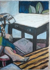 Vintage Modernist Painting Female Portrait with Feet Up Illegibly Signed 30×35″