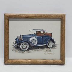 C. CARSON OIL PAINTING Serigraph On Canvas Old Ford 1931 Model A Blue Car Retro