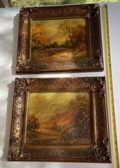 Listed Paul Wesley Oil on Canvas Gesso Frame Landscape Painting Pair Antique