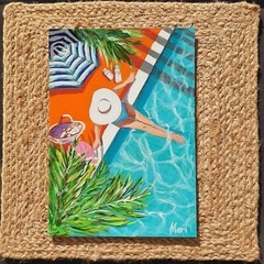 Girl Painting Tropical Palm Original Wall Art Poolside Swim Figurative Summer