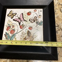 Aida Whedon Mid Century Hand Painted Tile Butterfly Strawberry Field Wood Frame