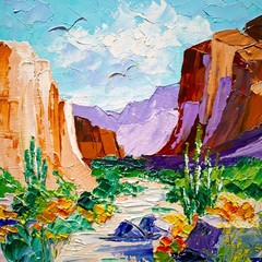 Big Bend Desert Painting: Impasto Canyon Cactus 3D Art Unframed (6×6)