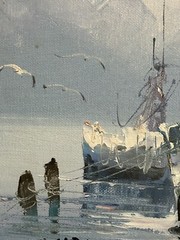 Thomas Oil Painting Blue Seascape Harbor Boats Framed Canvas Vintage 12”x14”