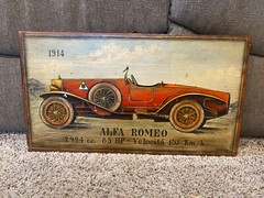 D’Arte F. Conz Oil on Wood, Vintage Car – 1914 Alfa Romeo, Red