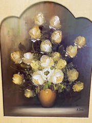 Original Oil Painting on Canvas White Roses Flowers in a Vase Silk Framed