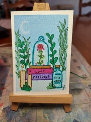 ACEO Watercolor 2.5×3.5 Painting Spooky Cute Rose Cloche books spells bottles