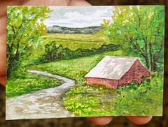 ACEO Original Art Country Road Red Barn Pasture Field Landscape Farm Dinah Rau