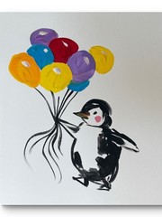 ARCTIC PENGUIN WITH PURPLE BALLOONS 11×14 Original Art #97 PAPER Fine Art