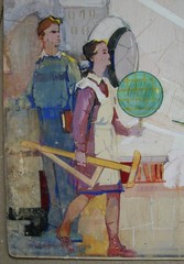 Ukrainian Soviet monumental painting sketch progressive young workers girl atom