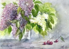 Summer Still Life Lilac and cherry Flowers in a vase still life Watercolor