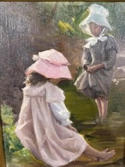 Vintage Oil on Canvas „Two Girls in Bonnets“ Framed Figural Children Painting