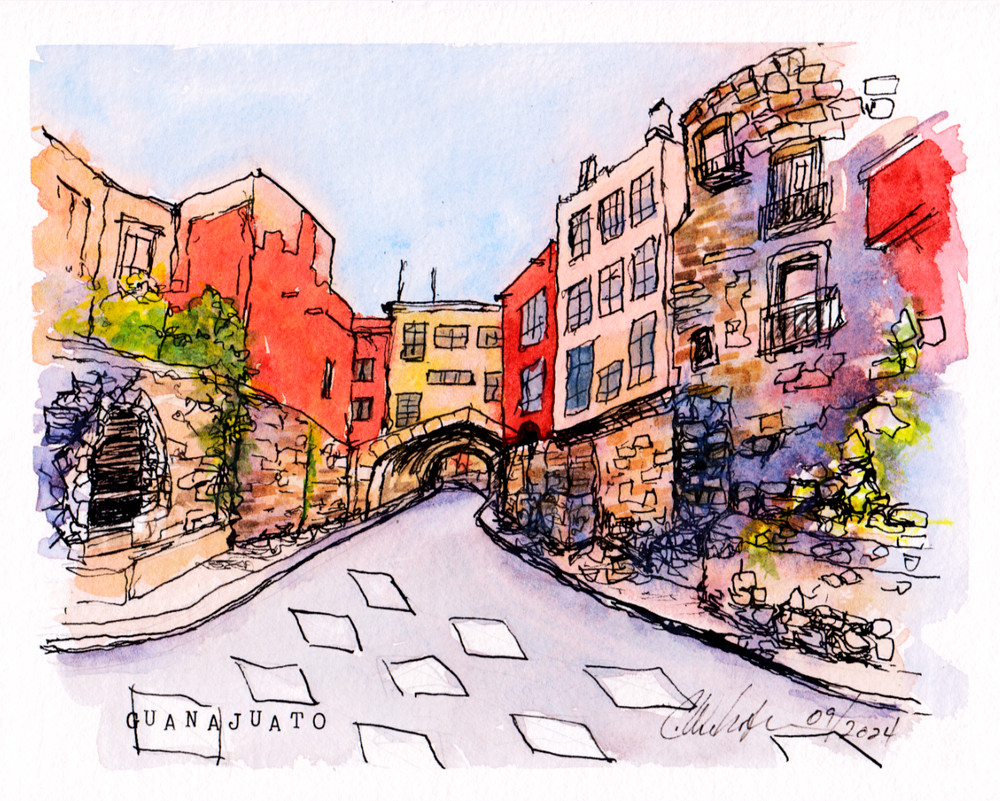 Guanajuato Mexico Cobblestone Painting Ink And Watercolor Wash 8×10″ W22