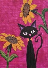 ACEO Original Hand-Painted Abstract Cat with Sunflowers 2.5 x 3.5 Inches ATC