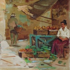 Vintage Italian Oil Painting, Village Street Market Scene South of Italy, Signed