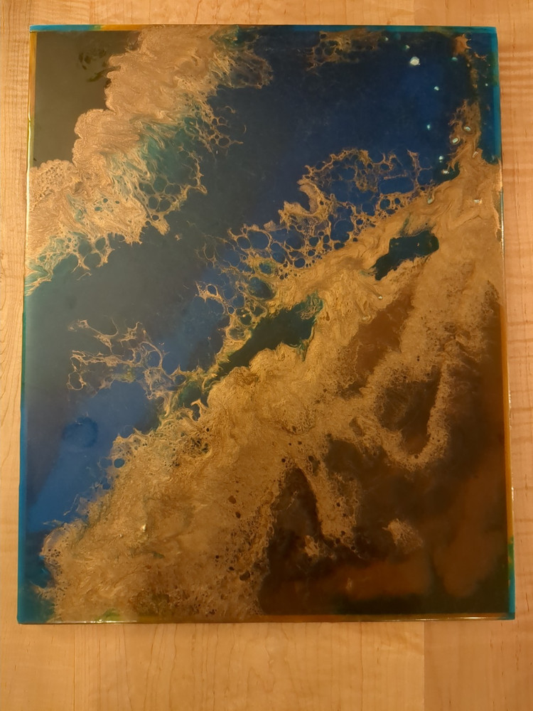 Original Abstract Resin Art Painting – Blue & Gold Coastal Flow – Epoxy Coated