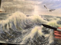 BIRDS CLOUDY SKY SEA WAVES Original Artwork Painting Landscape Gift Seascape A3