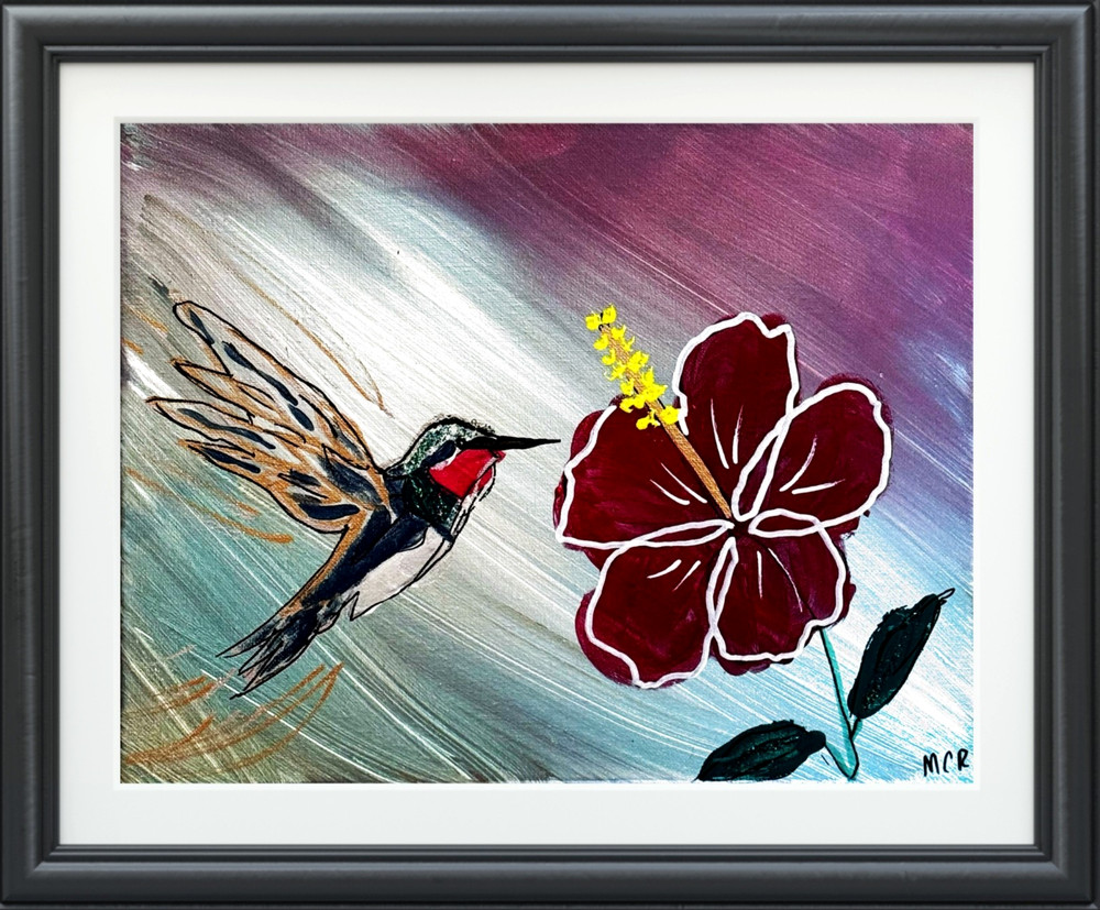 Hummingbird Flower Blue Abstract Signed Mixed Media Art Painting 11×14 Canvas