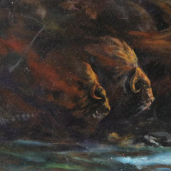 Edward „Ned“ Aldrich Wildlife Wall Art Oil Painting Musk Oxen In River 1985