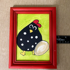 Lot of 2 Original Folk Art Chicken Paintings Framed Colorful Whimsical Farmhouse