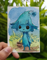 ACEO Original Watercolor Painting Fantasy Blue Sprite Fairy OOAK Miniature Art