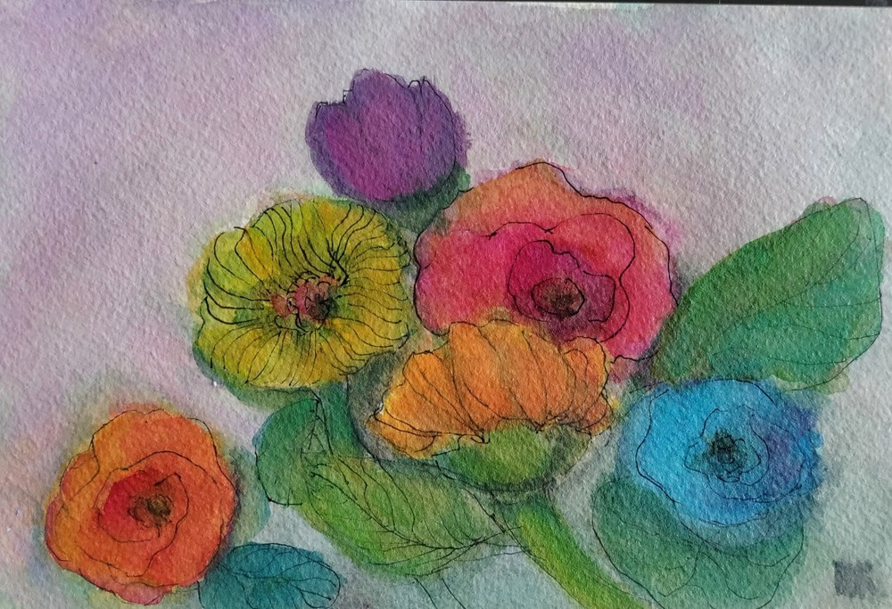 Original Watercolor Painting R Baker-Kates Vintage Flowers Floral Landscape…