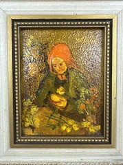 Ruth Vamos Oil Painting Old Woman With Flowers 5×4 Inches