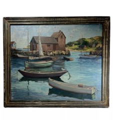 ETHEL BATHURST ROCKPORT HARBOR SEASCAPE IMPRESSIONIST ANTIQUE OIL PAINTING