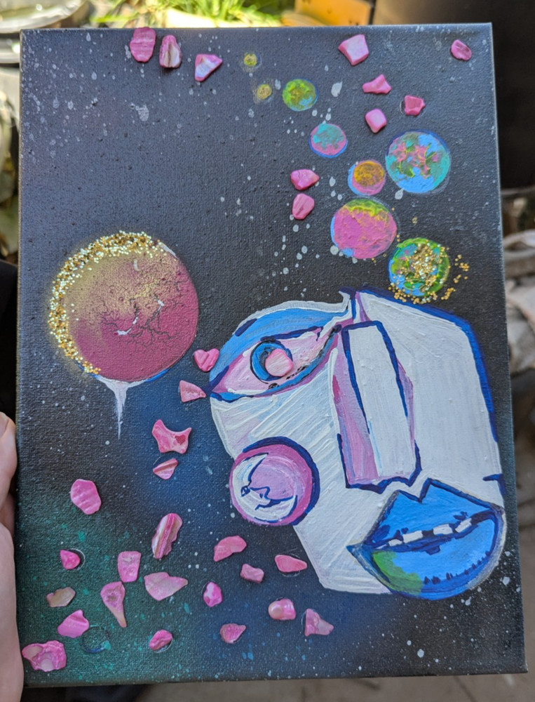 abstract space painting mixed media acrylic glitter planets face
