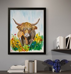 Highland Cow Floral Meadow 11×14 Farmhouse Decor Farm Animal Canvas original