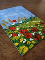 Field Wildflowers Poppies Field Original Art Oil Painting Landscape Sunset 7×5″