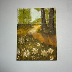 Vintage 70s Hand Painted Floral Landscape Oil Painting Multicolor Portrait Style