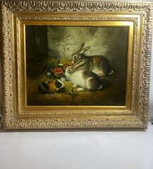 Escaped Rabbits & Guinea Pig Framed Oil On Canvas Painting Signed Byron 16x20in.
