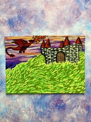 ACEO Original Art dragon castle sunset cottagecore whimsy by Kai Robin Courtney