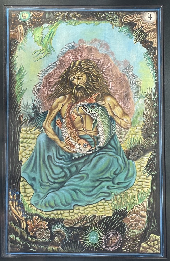 Original Painting on Cloth Astrology Zodiac Pisces Neptune Jupiter Tarot FRAMED