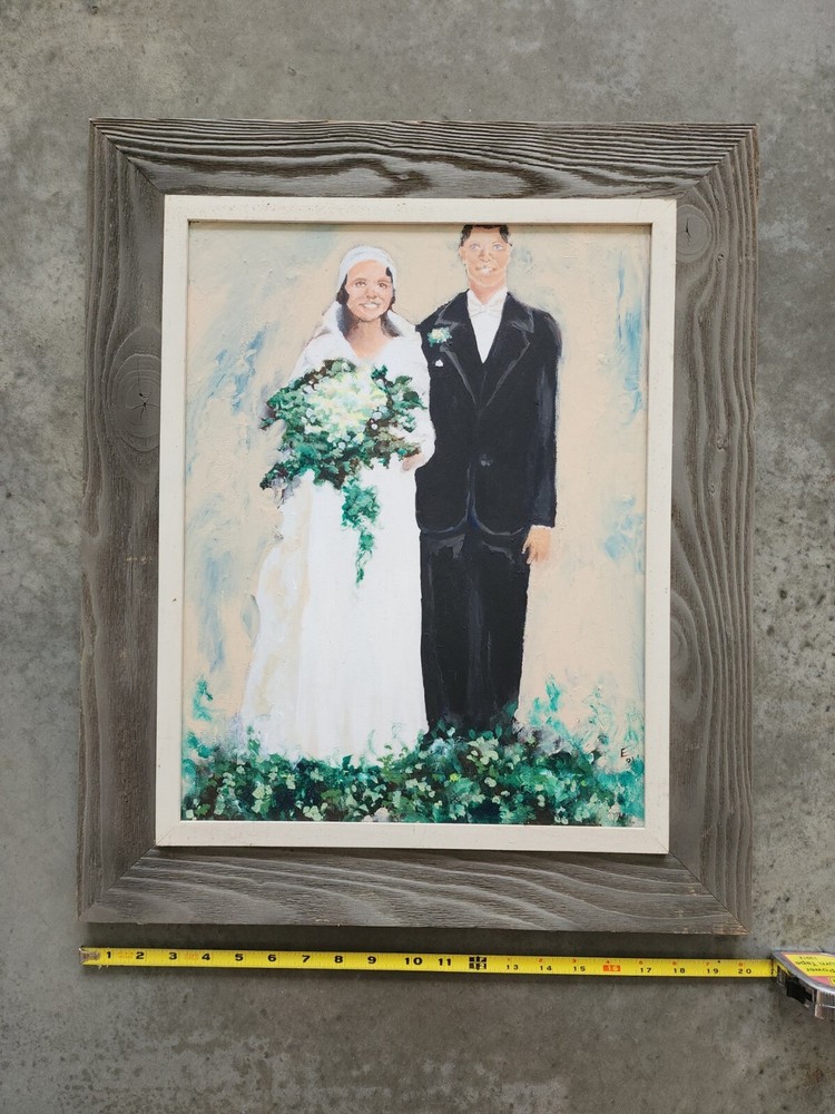 Vintage Oil On Canvas Of Just Married Couple