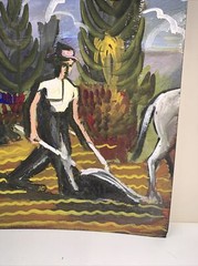 American Modernism/Expressionism Painting of Farmer Plowing Field Landscape