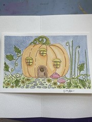 OOAK Pumpkin Cottage House Floral Garden Watercolor Painting Signed Unframed