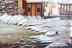 ANTIQUE FOLK ART OIL PAINTING VILLAGE BRIDGE RIVER SNOW WINTER LANDSCAPE PEOPLE