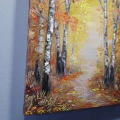 Autumn Forest Path Oil Painting Original Birch Trees Woodland Wall Art Decor 8×8