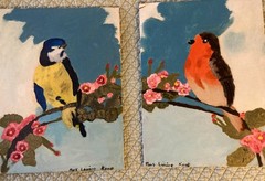 Pair Vtg Folk Art Oil Painting Naive 2 pictures American Birds Cherry Blossom