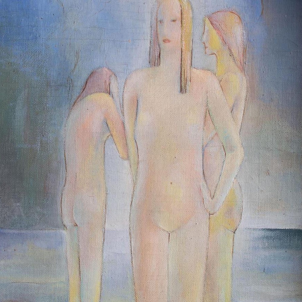 Hugo Wallenius Female Nude Three Graces Sign Framed Oil Hardboard Early 20th Century