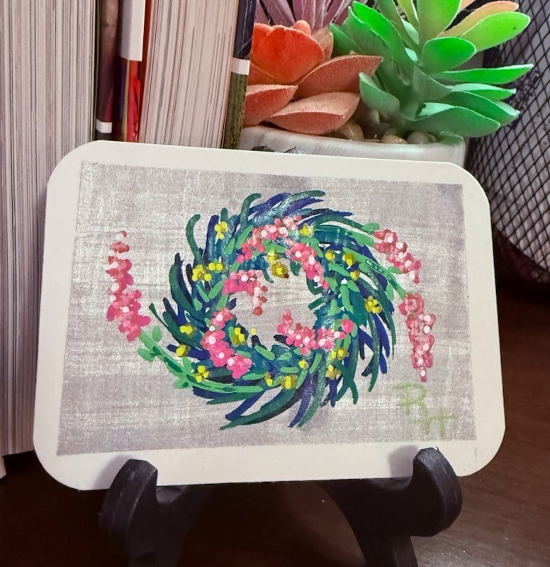 Metallic Colorful Spring Floral Wreath ACEO art card original signed 2.5×3.5